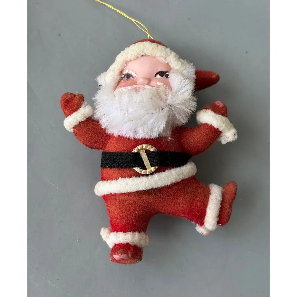 Vintage Mid Century Flocked Santa Claus Christmas Ornament Red White